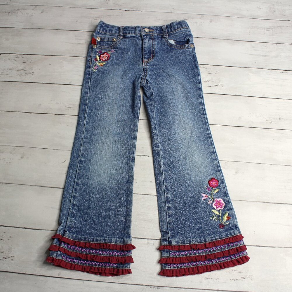 Vintage Bongo Denim Blue Jeans Girl's Size 5 Embroidered Floral Flare